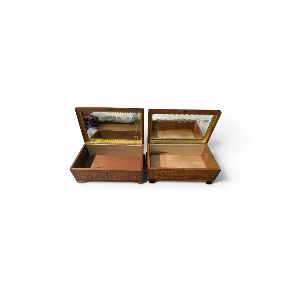 Vintage Hand Carved Cedar Trinket Jewelry Box Lot of 2 Glass Lid Wood Keepsake C